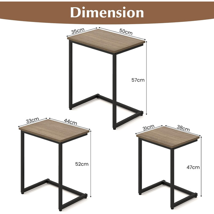 Набір з 3 бічних столиків, гніздового столу, штабельованого журнального столика, столів для вітальні з дерева та металу, 3 шт. С-подібний журнальний столик для вітальні та офісу (сірий)