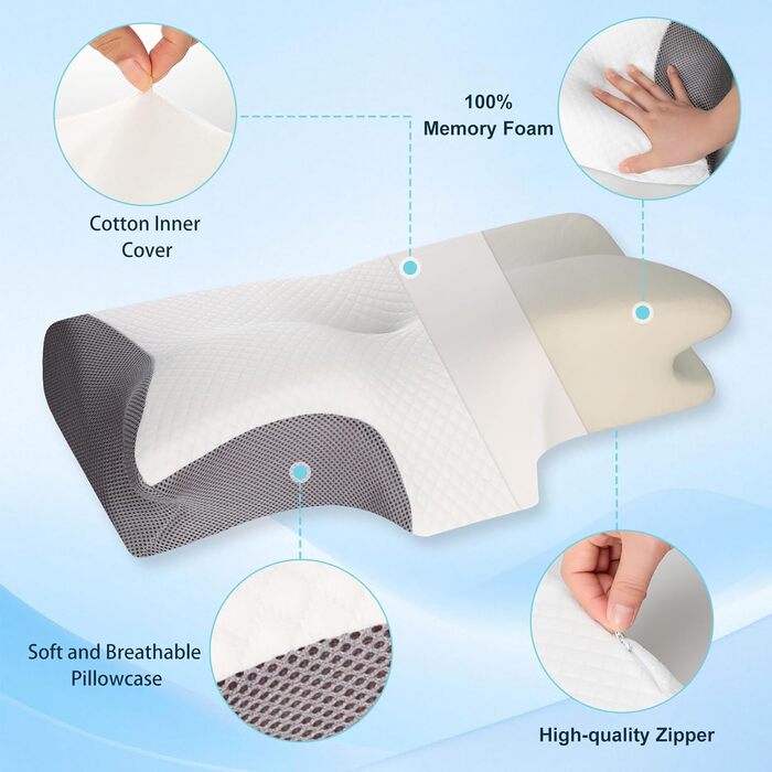 Ортопедична подушка Cozary для шиї з Memory Foam, 2 положення, для сну на боці та при болях у спині, сіра