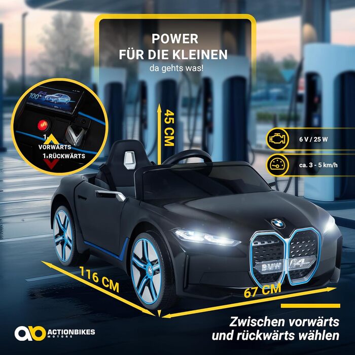 Дитячий електромобіль BMW i4 Actionbikes Motors, ліцензійний, з пультом 2,4 ГГц, електроавто для дітей від 3 років, іграшковий автомобіль (білий/чорний)