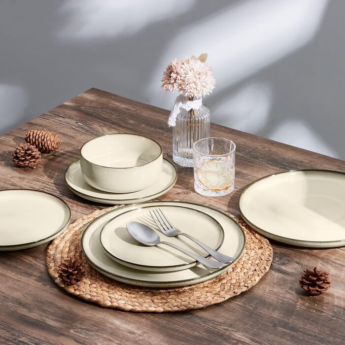 Набір посуду Joyfair на 6 осіб, 18 предметів, кераміка, рифлений хакі. Тарілки обідні, десертні, миски для сніданку. Підходить для мікрохвильовки та посудомийної машини