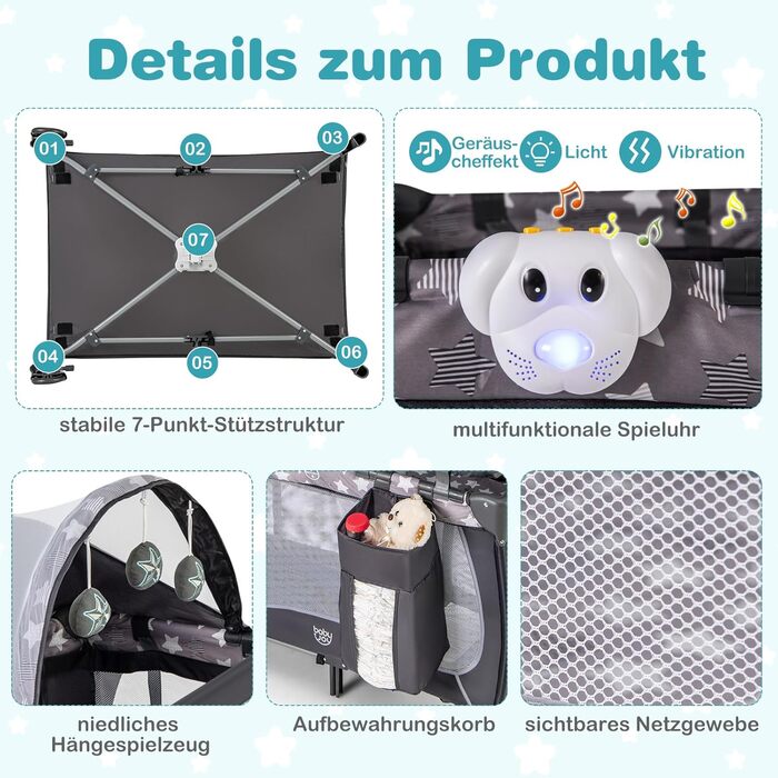 Дитяче ліжко-манежа DREAMADE 102x72 см, 3 в 1: ліжко, манежа, бебі-центр з матрацом, колесами, москітною сіткою та пеленальним столиком для новонароджених та дітей 0-36 місяців (сірий)