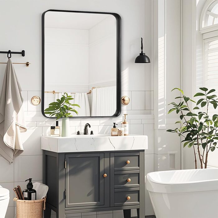 Дзеркало для ванної кімнати Fabuday з підсвічуванням, 61 x 76.2 см, чорний, з рамою. Підходить для ванної, спальні, туалетного столика.