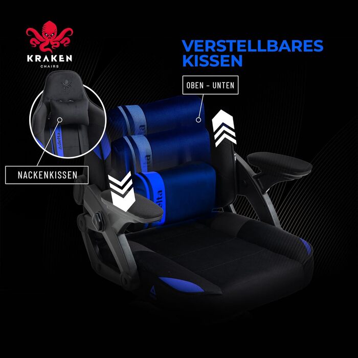 Крісло ігрове KRAKEN CHAIRS, тканинне, ергономічне, для геймерів, чорно-синій, до 130 кг