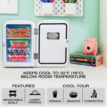 Koolatron Retro Mini Холодильник 4L, 6 доз. для Спальні, Догляду за Шкірою, Їжі, Напоїв, Косметики, Дітей, Дому, Авто та Подорожей, 12V DC, Чорний