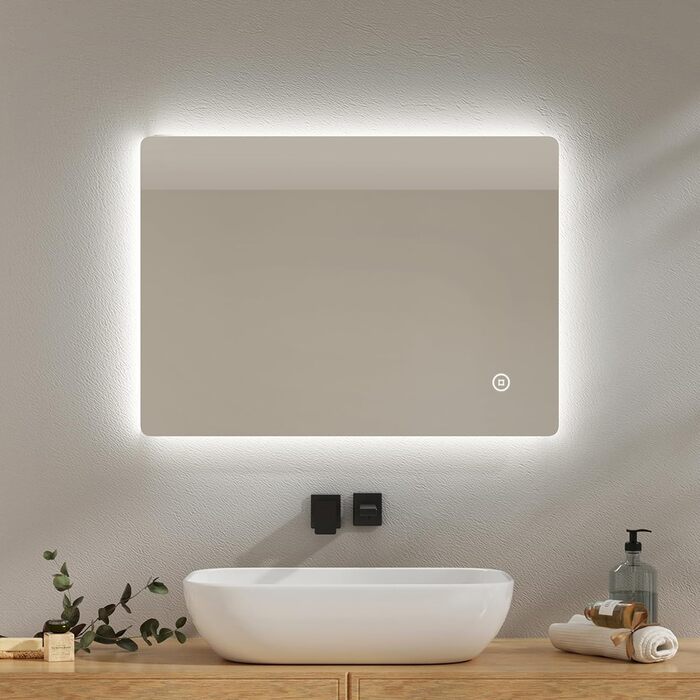 Дзеркало для ванної кімнати EMKE з підсвічуванням 40x60 см, антизапар, 2 кольори світла (тепле/холодне), вимикач-маятник, IP44, енергозберігаюче, захищене від вибуху (70x50 см)