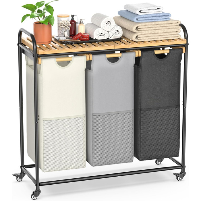 Кошики для білизни з сортуванням 3x40л, з висувними кишенями та роликами (Чорний/Білий)