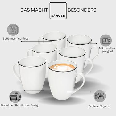 Набір кавових чашок SÄNGER 12 шт. з блюдцем, 6 персон, порцеляна, білий з чорними акцентами, 200 мл, PREMIUM COLLECTION (Marlo Black Rim)