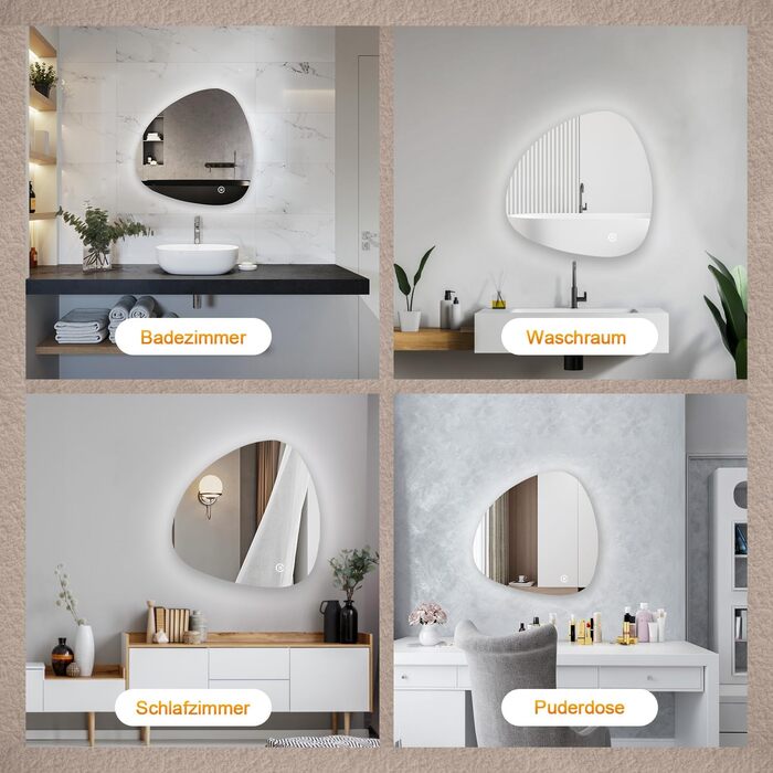 Асиметричне дзеркало для ванної кімнати Boromal з підсвічуванням 80x80 см LED, сенсорне керування, 3 кольори світла, регулювання яскравості