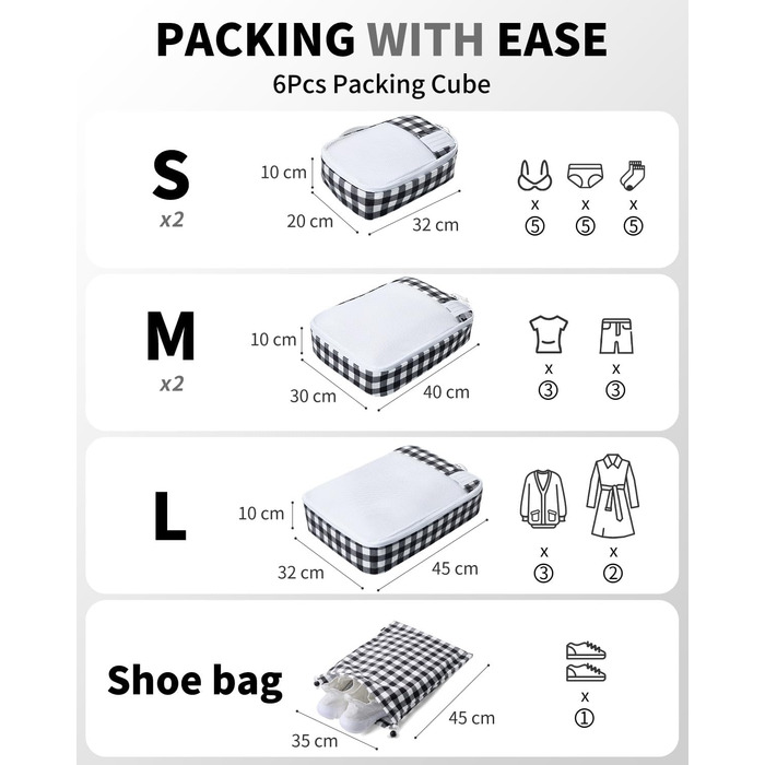 Набір органайзерів для валізи ECOHUB, 6 шт, дорожні компресійні сумки-кубики з ID-тегами, повітропроникні органайзери для одягу та рюкзака, чорно-білий колір
