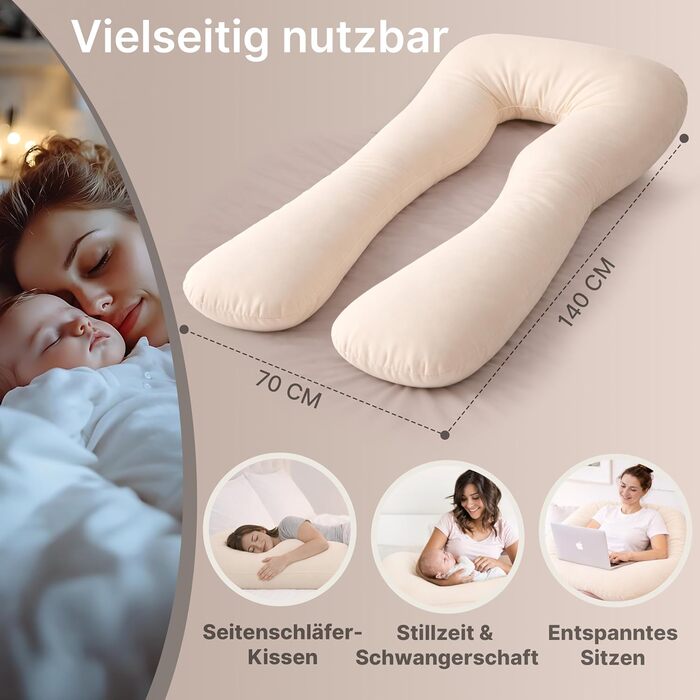 Подушка для вагітних ELONEO NEU для сну на боці, подушка для годування, XXL розмір, кремова, знімний чохол, подушка для читання, пральна