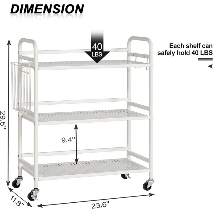 Металевий сервісний візок HDANI з 3 рівнями, на коліщатках, 48x30x75 см, для кухні, бару, ванної кімнати