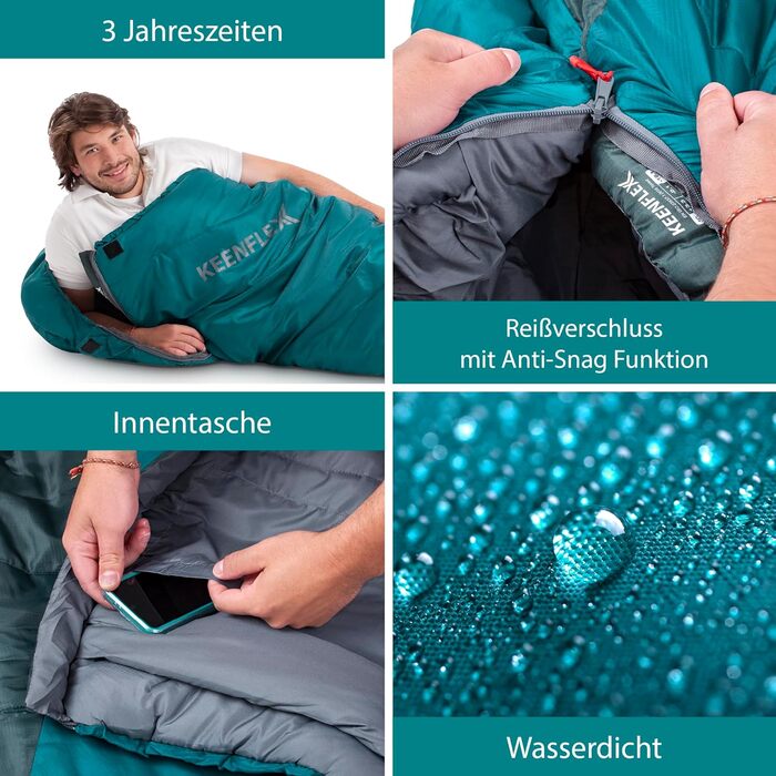 Спальний мішок KeenFlex 3-4 сезони, +7.2°C до -23.4°C, 1500/2150 г, для кемпінгу, літній та зимовий, машинне прання