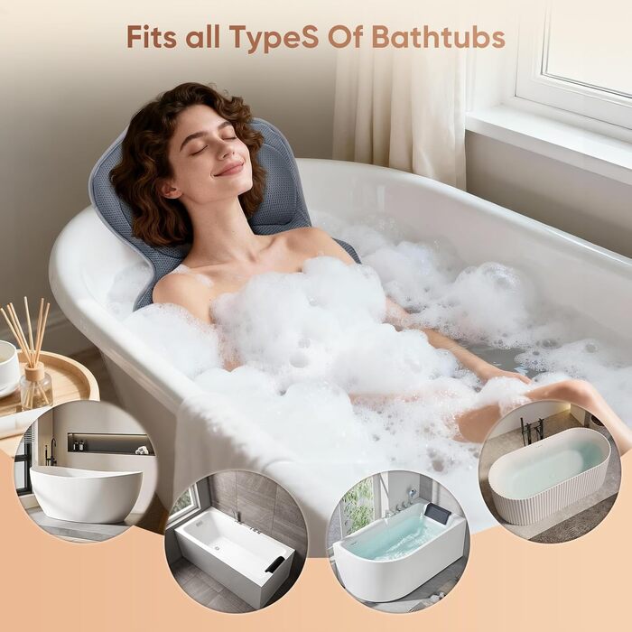 Подушка для ванни з підтримкою попереку, 144 присоски, 4D м'яка, з підголовником та додатковою подушкою, 133x41 см, сіра. З миючим мішком.