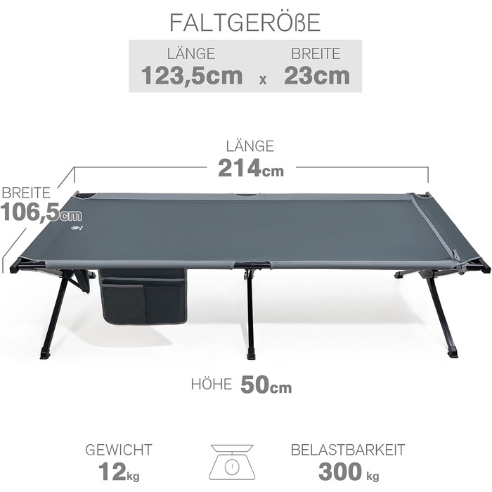 Розкладне ліжко для кемпінгу EVER ADVANCED XXL (214x106 см), посилене кемпінг-ліжко до 300 кг, сіре