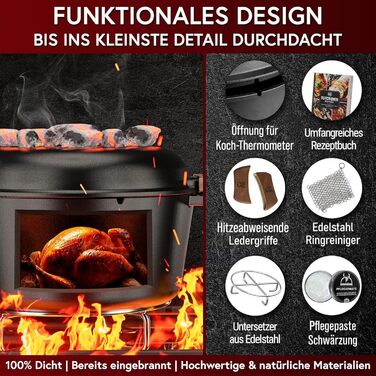 Нідерландський горщик 2в1 з чавуну 4.8L + сковорода з чавуну 1.8L - Набір нідерландського горщика з подвійною функцією - з кулінарною книгою та аксесуарами для барбекю, кемпінгу та кухні - 30 років гарантії (2в1 горщик + паста для догляду)