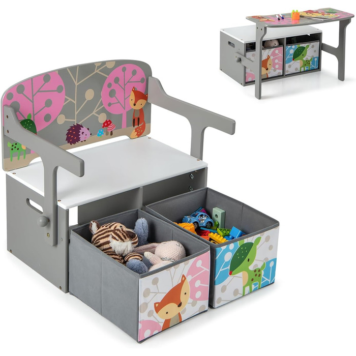LIFEZEAL 3 в 1 дитяча лавка-стілець з місцем для зберігання та підлокітниками, лавка-сховище для іграшок для дітей 3-7 років (сіра)