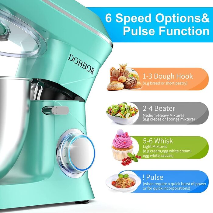 Кухонна машина 9.5л з планетарним міксером, 1500W, DOBBOR, з набором насадок (міксер, гак для тіста, вінчик), 7 швидкостей, синій колір