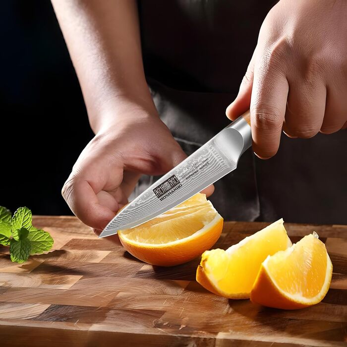 Японський ніж HOSHANHO з дамаської сталі 20 см, 67 шарів, кухонний ніж для приготування їжі, гострий, з ергономічною ручкою оливкового кольору (9.5 см), ніж для очищення