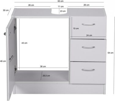 Тумба під умивальник 54x63x30 см біла, 1 дверцята, 3 ящика, виріз сифона