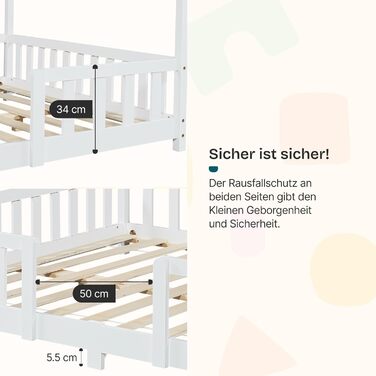 Дитяче ліжко en.casa Treviolo з матрацом 70x140 см, будиночок, дерево, Montessori, з бар'єром, ламелі, сосна, білий