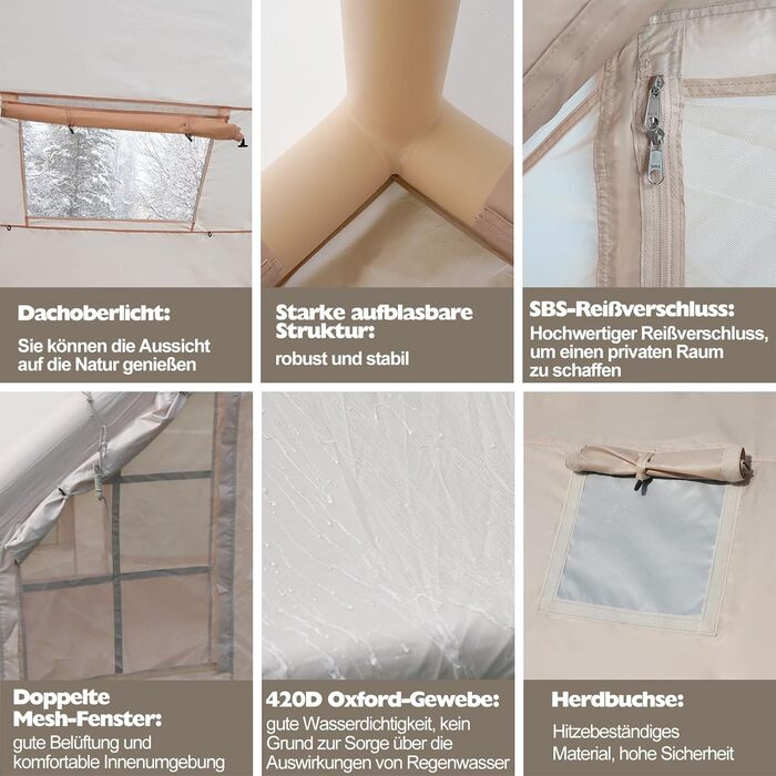 Надувний кемпінговий намет Oxford 420D Glamping 2-4 особи з насосом, водонепроникний 3000мм, для 4 сезонів, з вікном-сіткою та димоходом 300x200x200 см