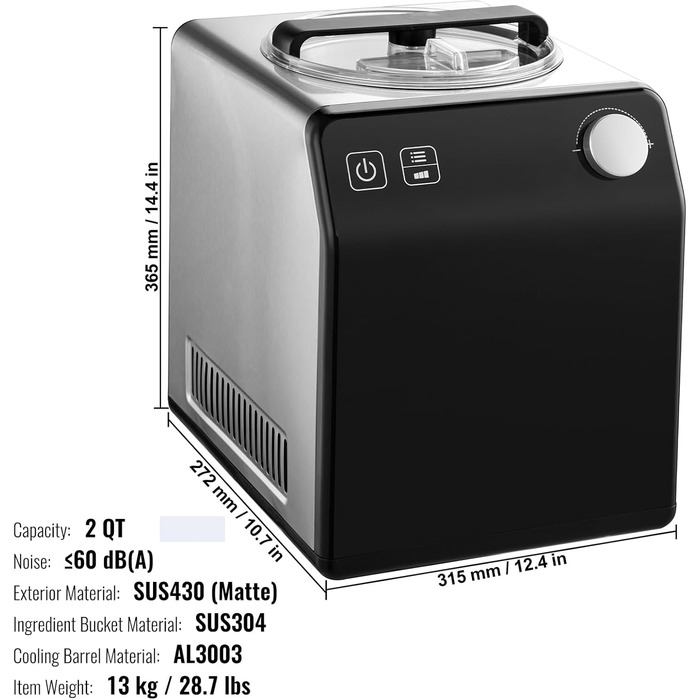 Електрична машина для приготування морозива VEVOR, 2 л, 180 Вт, для морозива, йогурту, сорбету, gelato, 3 режими, срібна, портативна, вертикальна