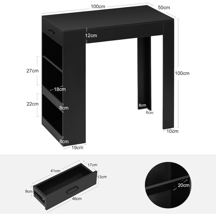 WOLTU Столик барний, кухонний, вітальні, їдальні з 1 шухлядою, 3 полицями, віноградником, чорний 100x50x100 см