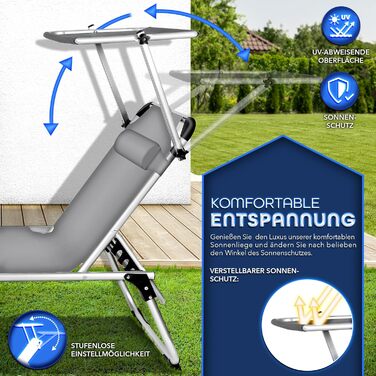 Сонячне ліжко Tillvex® з дахом та подушкою для голови | Садове ліжко, розкладний шезлонг | Пляжне ліжко з регульованою спинкою | Алюмінієве ліжко (Базовий рівень, сірий)