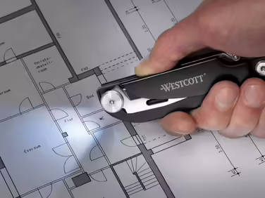 Westcott E-84034 Багатофункціональний ніж-мультитул з лезом Drop-Point 7,5 см, складаною пилкою 7,5 см, викруткою, LED-ліхтариком, лінійкою, металевою ручкою, чорний, 19 см