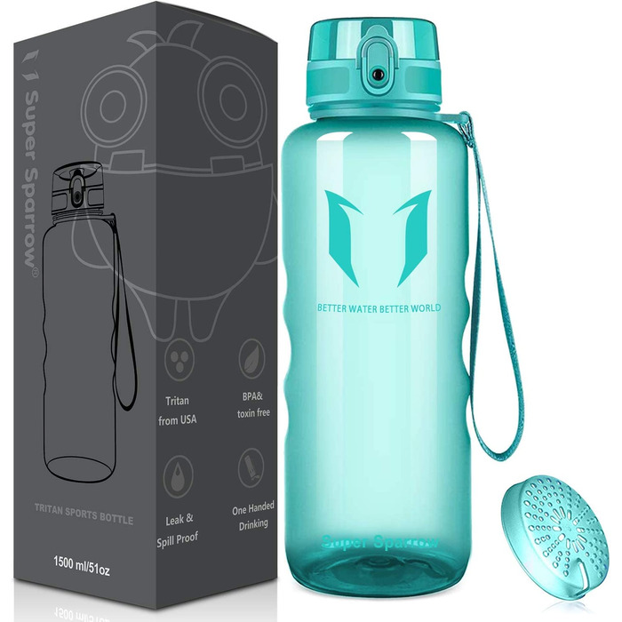Пляшка для пиття Super Sparrow-пляшка для води об'ємом 1,5 л, герметична-спортивна пляшка без бісфенолу А / Школа, спорт, вода, велосипед (1-прозора м'ята)