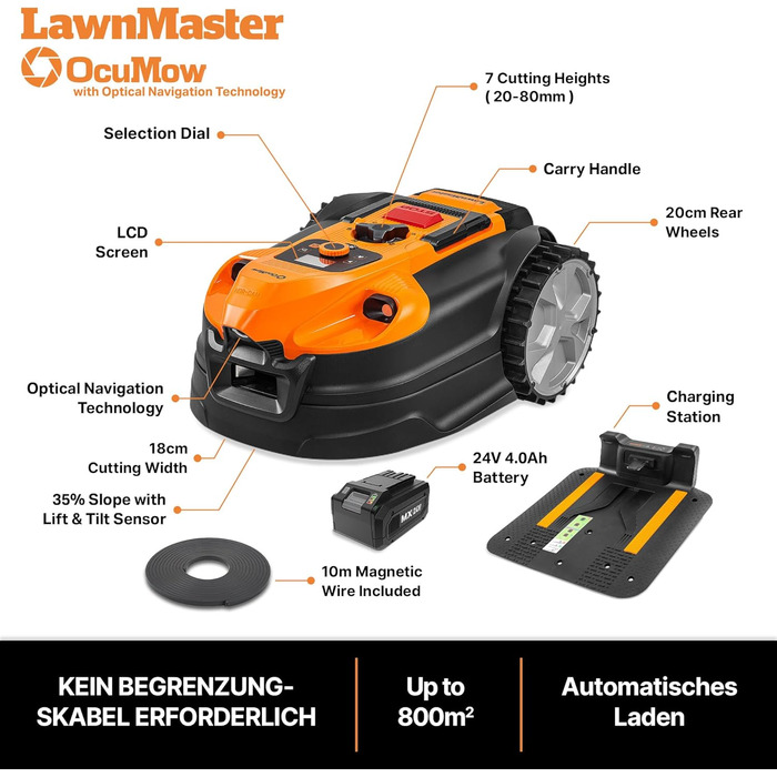 Газонокосарка-робот LawnMaster VBRM18AMID4R без обмежувального дроту, для газонів до 800 м², акумулятор 4 А·год, оптична навігація, уникнення перешкод, автоматична зарядна станція, функція забороненої зони, WiFi та Bluetooth управління через додаток