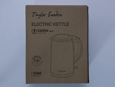 Електричний чайник Taylor Swoden з подвійною стінкою 1,5 літра, без бісфенолу А, 2200 Вт з автоматичним відключенням і захистом від сухого кипіння, основа 360, нержавіюча сталь 304 (дитяча, J4T)