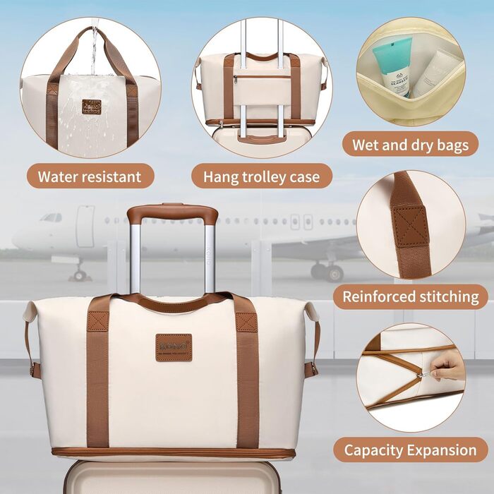 Набір валіз KONO 6-ти частинний: велика валіза, середній кофр, ручна сумка, косметичка. Колір: білий/коричневий