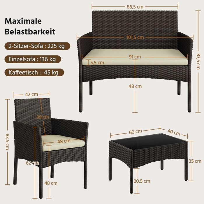 Набір садових меблів Yaheetech на 4 особи: диван, 2 крісла, стіл, подушки. Набір меблів для балкона, тераси, саду. Чорний та сірий (коричневий та бежевий).