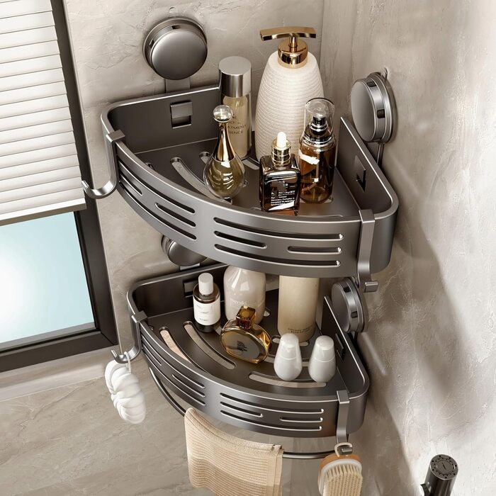 Полка для душу Voldra без свердління, кутова полиця для ванної кімнати з присосками, металева полиця для душу з тримачем для рушників (2 шт., сірий)