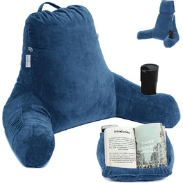 Storrejoy Велике крісло-лежак для читання з підголовником, кишенями та тримачем для книги/планшета (антрацит, блакитний)