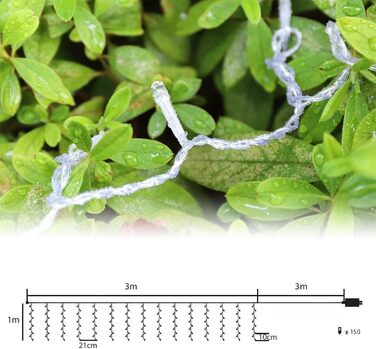 Крижана дощова штора 3x1м, 150 світлодіодів, 9 режимів, пам'ять, теплий білий, для вулиці/внутрішнього Різдва