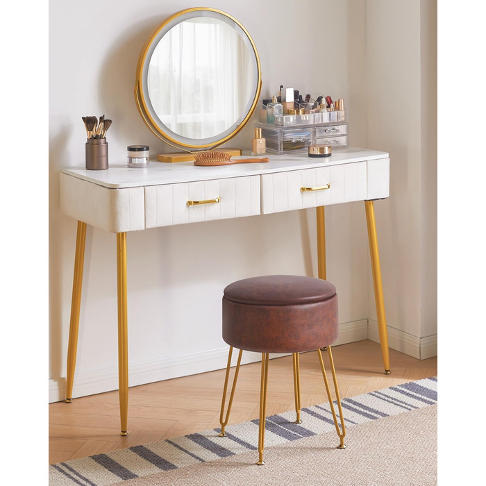 Пуф-табуретка з велюру IBUYKE, кругла, з металевими ніжками, коричневий, для дому