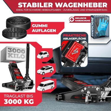 Гідравлічний домкрат MASKO 3T з низьким профілем 85-460мм, 3 гумові накладки, для легкових авто та SUV, ролики 360°, рукавички в комплекті. Домкрат під автомобіль до 3 тонн - Чорний