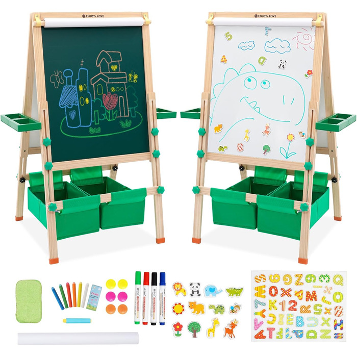 Дитяча мольберт-трансформер з паперовим рулоном, дошками для малювання та аксесуарами. Регульована висота 90-110 см. Дошка з покриттям для сухого стирання.