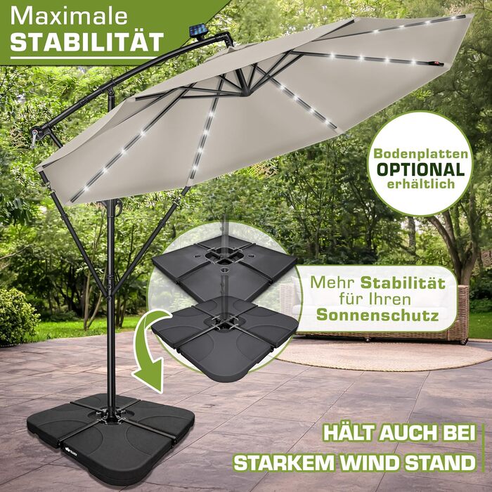Садова парасолька Tillvex Alu Ampelschirm з LED-освітленням на сонячній батареї, 350 см, колір тауп — Алюмінієвий зонт від сонця з рукояткою, захистом від UV та вітру, включаючи чохол та стійку