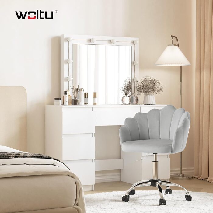 Крісло WOLTU для дому та офісу з м'якою спинкою у вигляді пелюсток, обертове, з регулюванням висоти, для робочого кабінету, спальні, сіре (велюр)