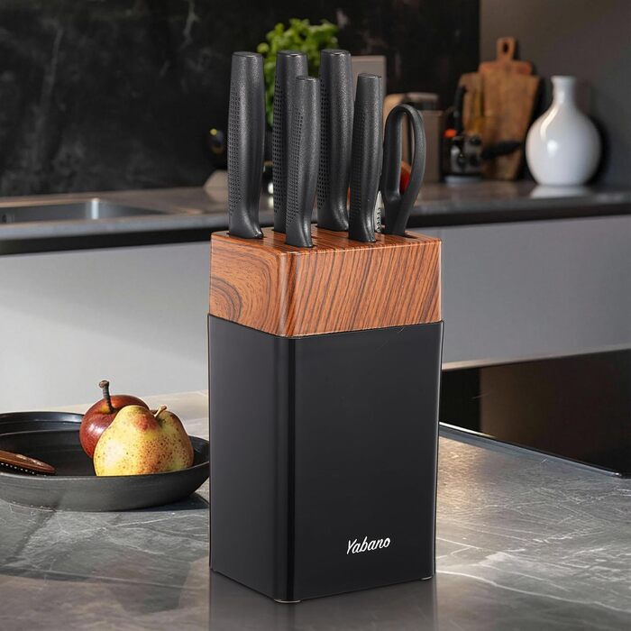 Набір кухонних ножів Yabano 7 предметів з підставкою та точилкою, кухонний набір ножів з чорним пластиковим блоком
