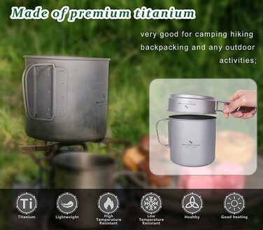 Набір посуду iBasingo Titan Becher Pfannen Set: 1100мл та 300мл для кемпінгу, туризму та пікніків. Легкий та компактний посуд з нержавіючої сталі з ручками-складанням. Набір для однієї людини Ti2053C