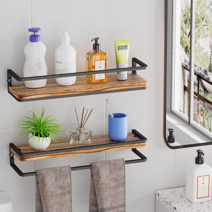 Полиця настінна дерев'яно-металева Wandregal 2 шт 42 см коричнево-чорна для ванної, спальні, вітальні, кухні, офісу