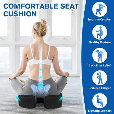 Подушка для сидіння CushyOasis: м'яка, з memory foam, для офісного крісла, протиковзна, знімний чохол, для полегшення болю в куприку, 13.4 см (Чорний)