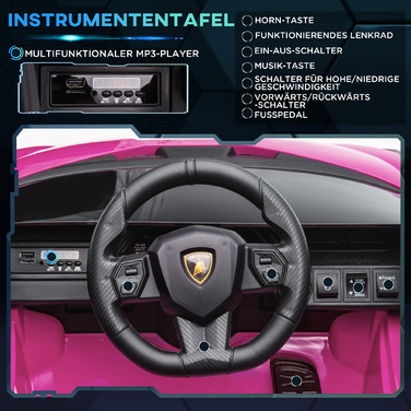Дитячий електромобіль HOMCOM Lamborghini, 3-5 км/год, з дистанційним керуванням, для дітей 3-5 років, рожевий