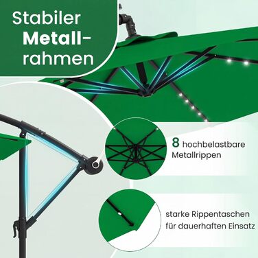 Садова парасолька COSTWAY 300 см з підставкою та LED-підсвіткою, підвісна парасолька-амбрела з ручкою, захист від UV, для тераси, басейну та двору, бежевий/зелений