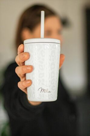 Термокружка Milu 400 мл - не протікає, з нержавіючої сталі, з трубочкою, ізольована, зберігає тепло 10 годин / холод 20 годин, без BPA (White Leopard)