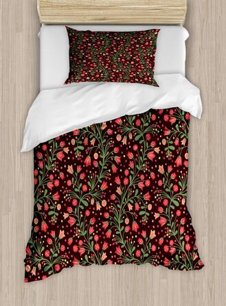 Набір ботанічних підковдр ABAKUHAUS Двоспальне ліжко, квітучі гілки Пишна, м'яка форма Найвища якість Підковдра з 2 предметів з 1 наволочкою, 170 x 220 см - 75 x 50 см, папороть зелена темно-коралова